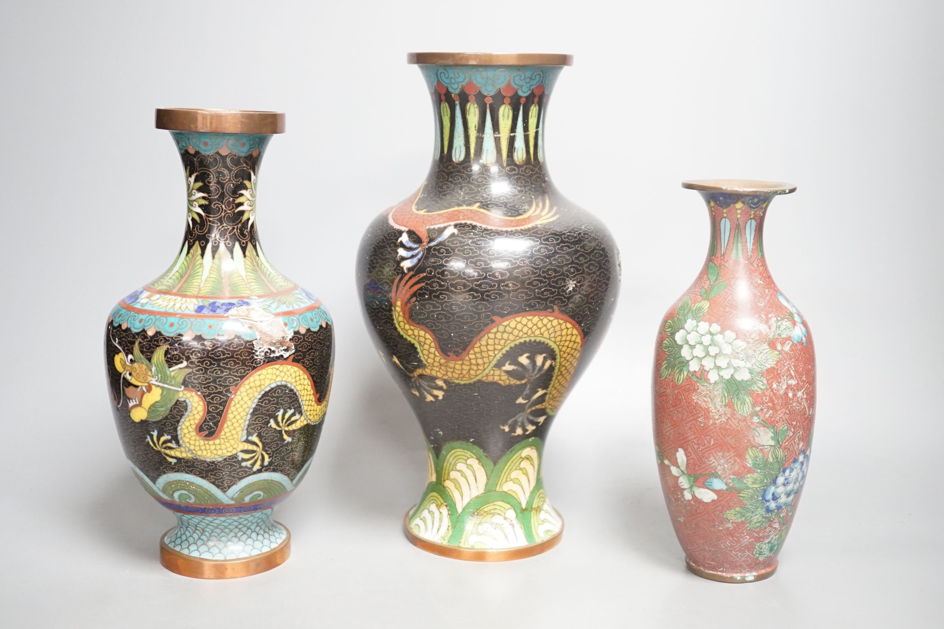 Three Chinese cloisonné enamel vases and a tantric figure of Buddha, tallest 26cm